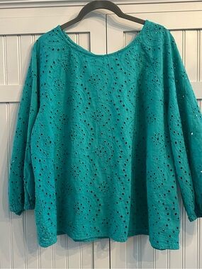APT. 9 Teal Eyelet Cotton Blouse - Women's Long Sleeve Top Size XXL